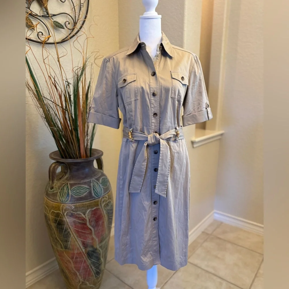 Tahari ASL Khaki colored short sleeve trench dress Size 8 - Picture 1 of 6